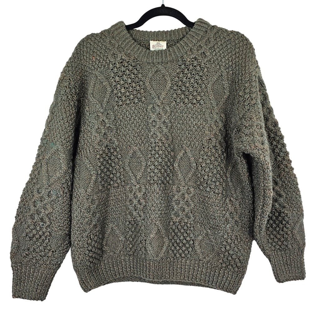 Bonner of Ireland Handknit Wool Aran Sweater Men's Olive Green Diamond Popcorn L